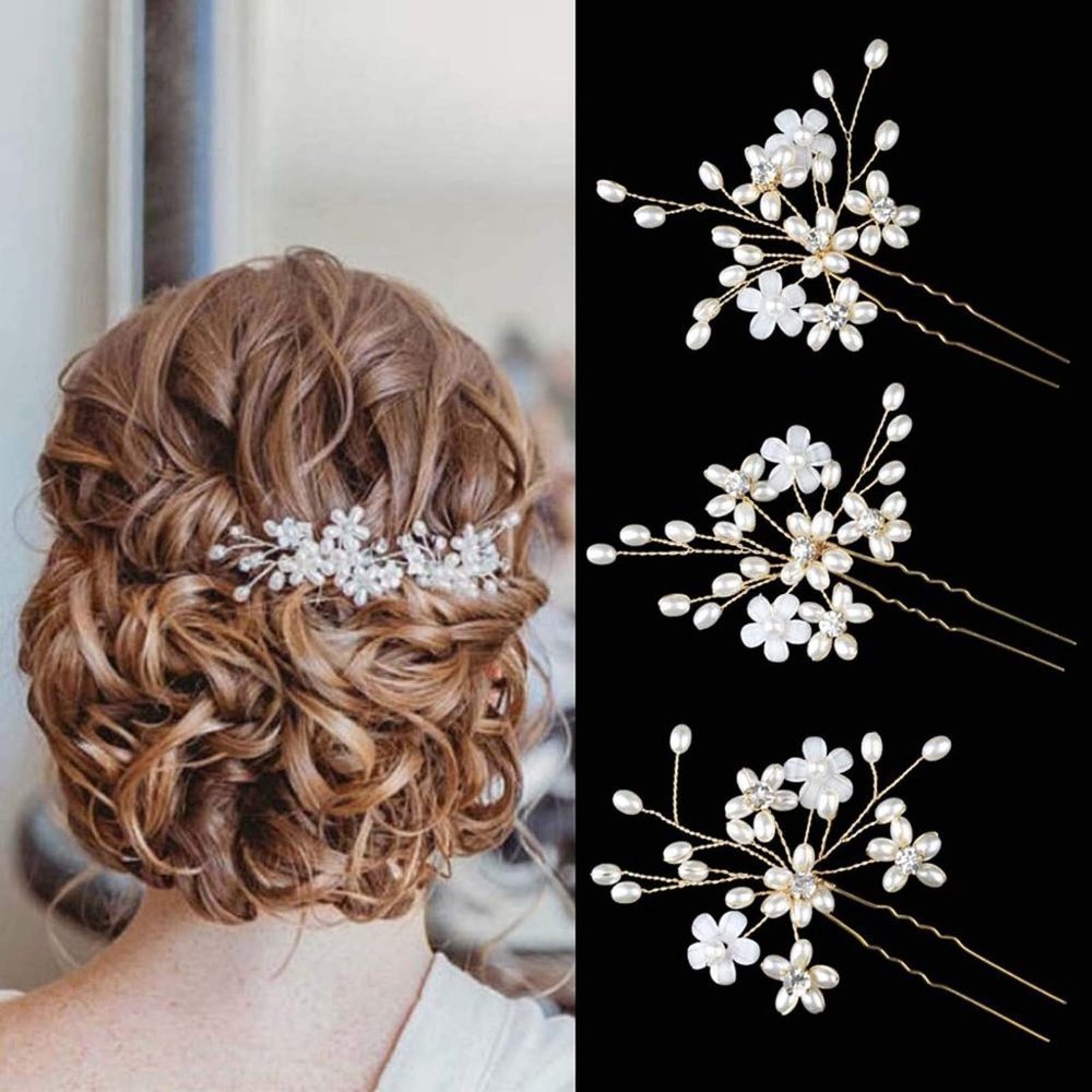 Hair Pins (3 Pcs) - Elegant Pearl Floral Crystal Gold